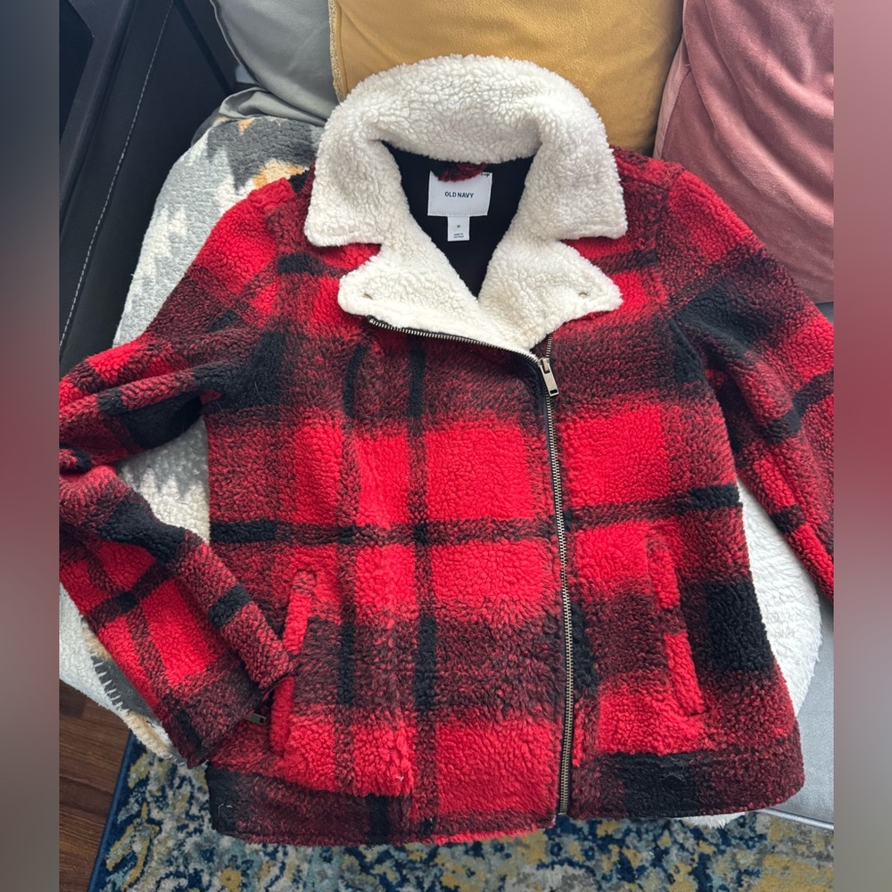 Old Navy- Buffalo Plaid Red and Black Women's Moto Jacket